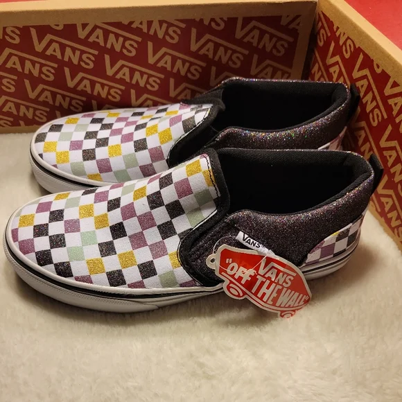 NEW Vans Asher Glitter Checkerboard Slip-On Low Top Sneakers Missy Girls Size 4 - Picture 2 of 9